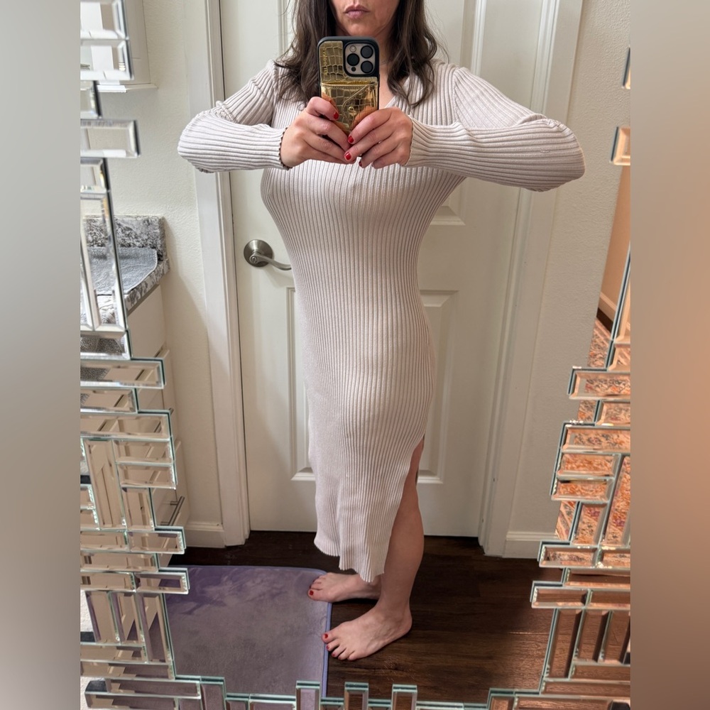 Maxi, Cream, Striped Dress. Size 8. Clingy fit. Long slit up the side leg.